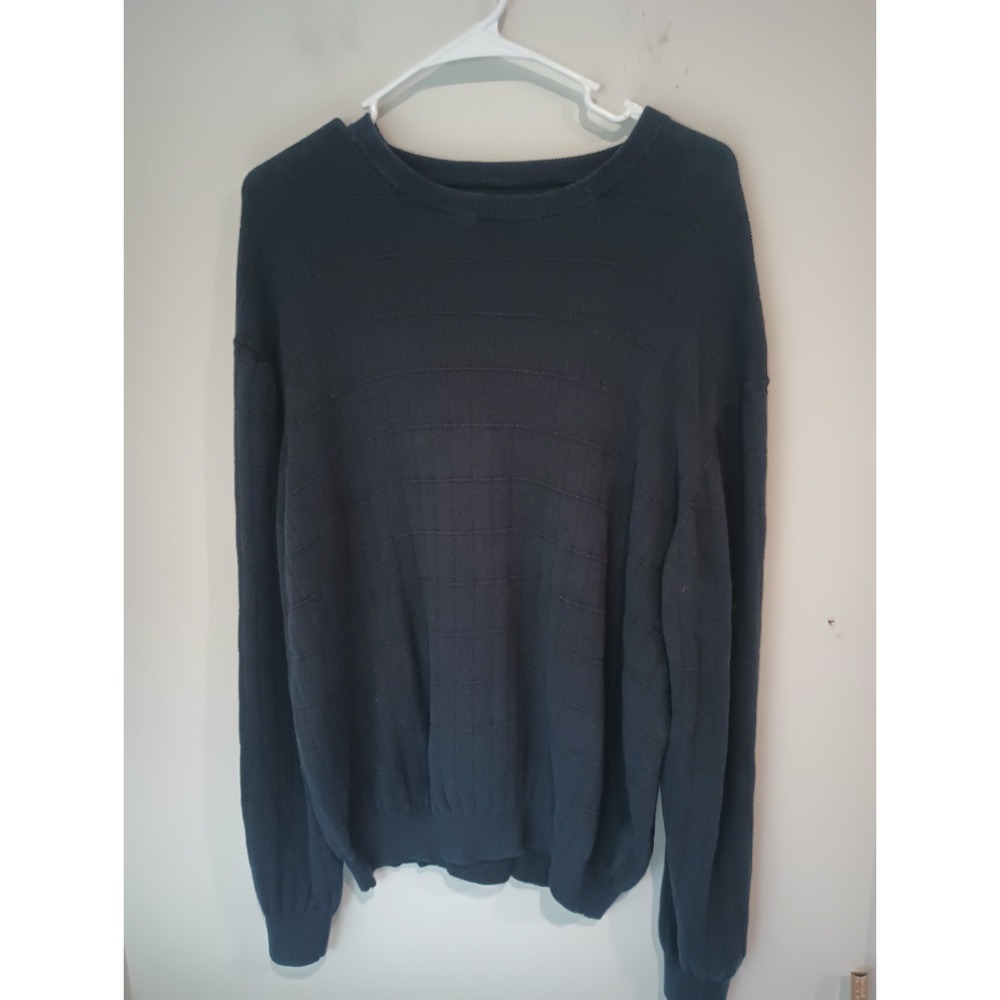 Mens Dark Blue Crewneck Sweater Cotton Modal Grid Knit Textured Pullover